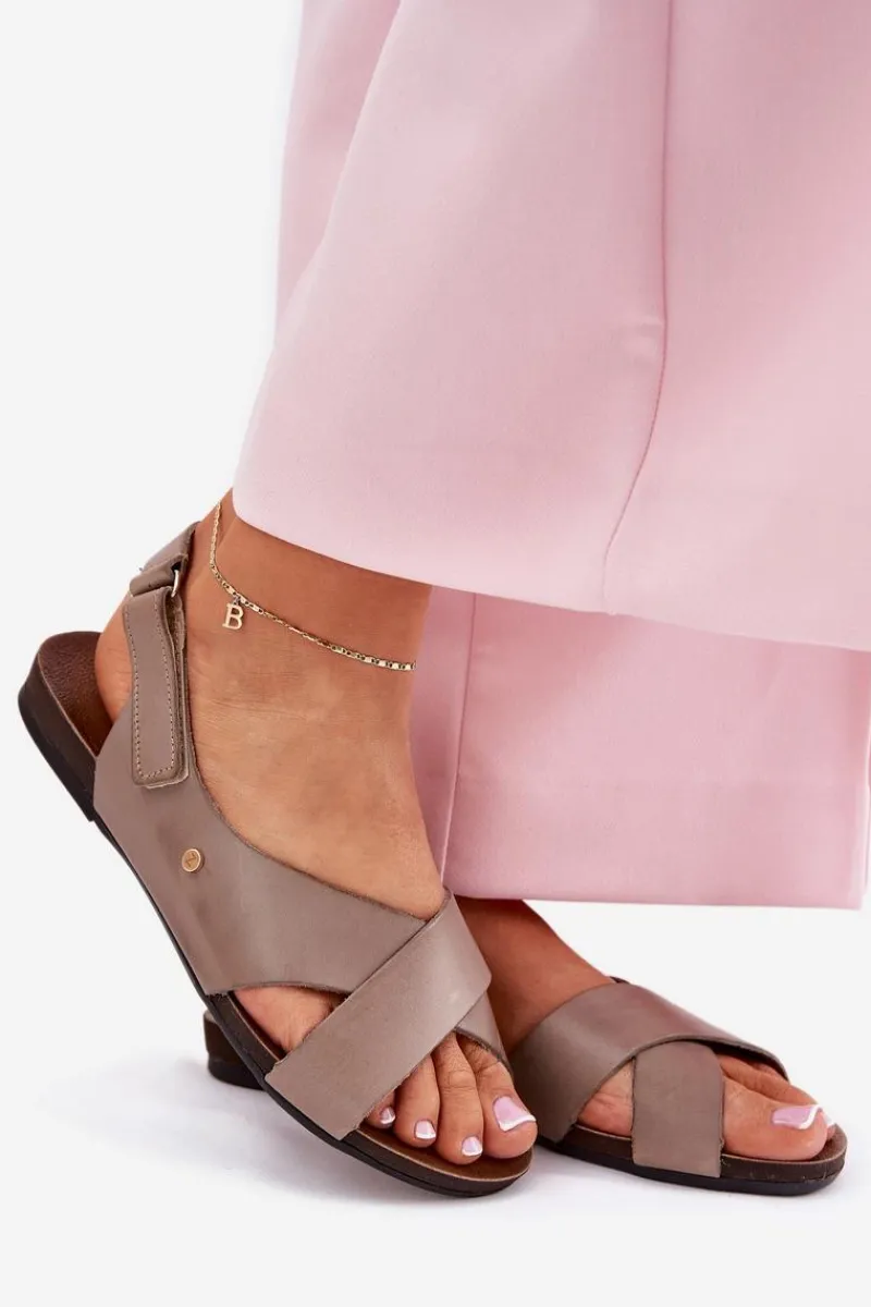 Clearance Zazoo Skórzane Sandały Na Rzep 40141 Ciemnobeżowe Beżowy