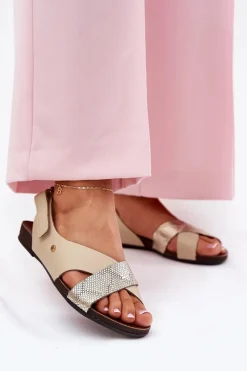 Sale Skórzane Sandały Na Rzep 40141 Beżowo-Złote Damskie Sandały Płaskie