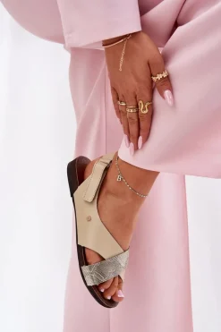 Sale Skórzane Sandały Na Rzep 40141 Beżowo-Złote Damskie Sandały Płaskie