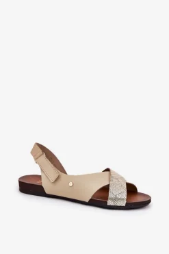 Sale Skórzane Sandały Na Rzep 40141 Beżowo-Złote Damskie Sandały Płaskie