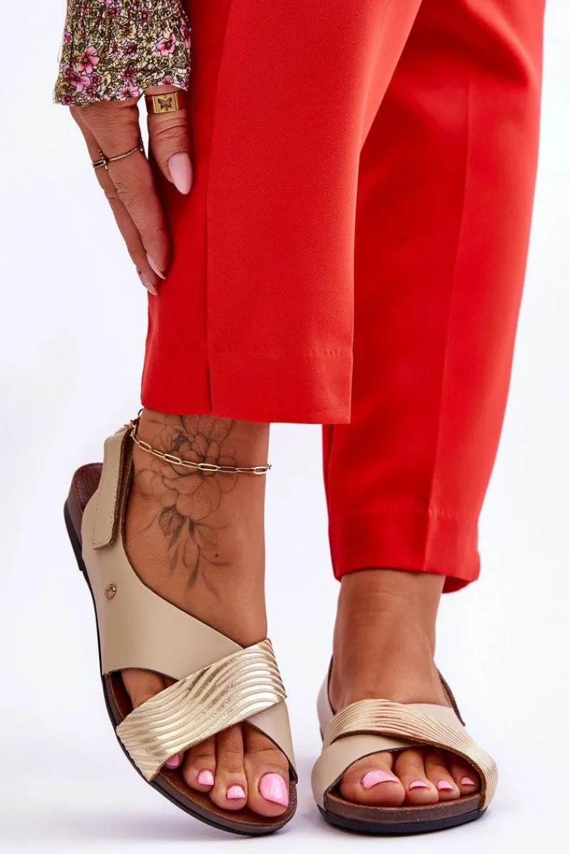 Sandały Płaskie>Zazoo Skórzane Sandały Na Rzep Złoto-Beżowe Lemar Addison