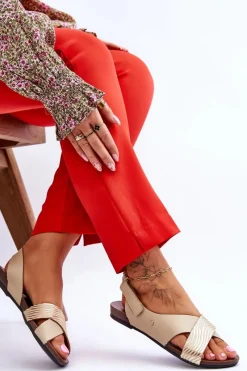 Sandały Płaskie>Zazoo Skórzane Sandały Na Rzep Złoto-Beżowe Lemar Addison