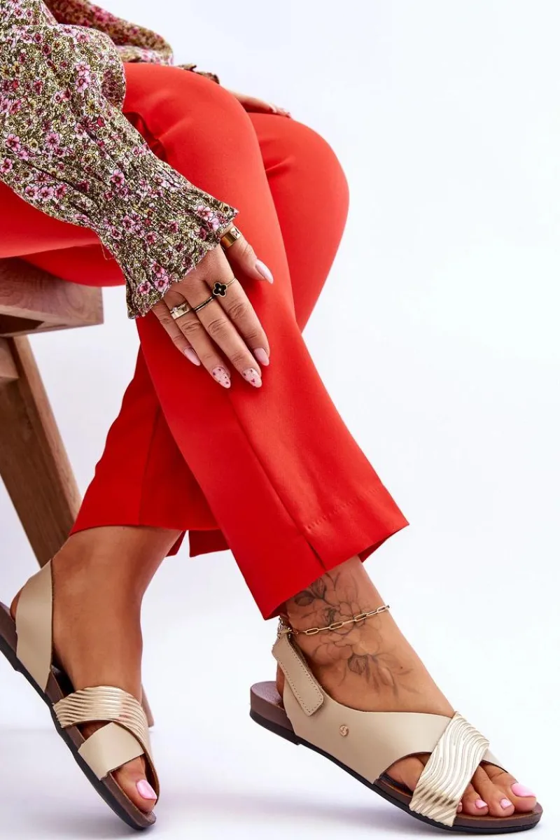 Sandały Płaskie>Zazoo Skórzane Sandały Na Rzep Złoto-Beżowe Lemar Addison