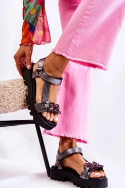 Sandały Płaskie>Maciejka Skórzane Sandały Na Rzepy L5009-41 Ciemnosrebrne