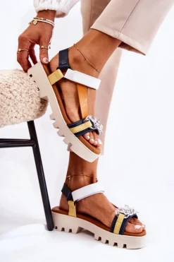 Clearance Skórzane Sandały Na Rzepy L5009-02 Granatowo-Białe Damskie Sandały Płaskie