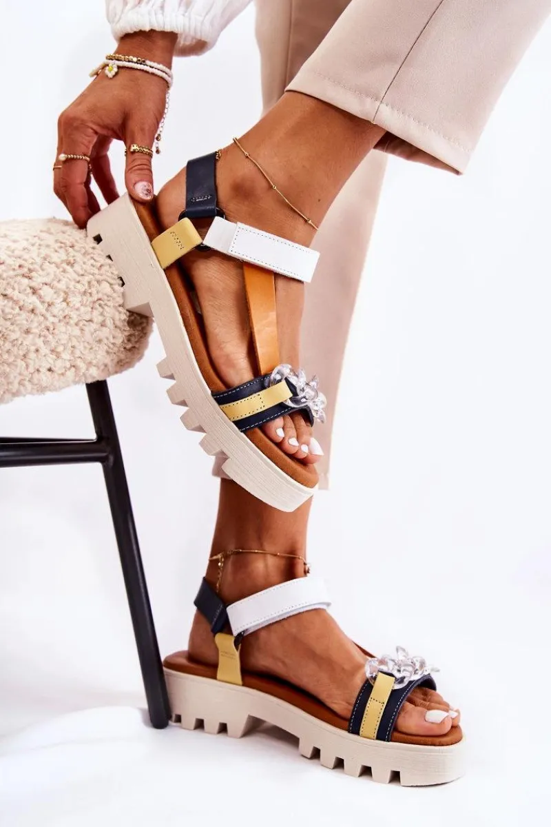 Clearance Skórzane Sandały Na Rzepy L5009-02 Granatowo-Białe Damskie Sandały Płaskie