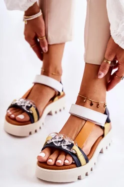 Clearance Skórzane Sandały Na Rzepy L5009-02 Granatowo-Białe Damskie Sandały Płaskie