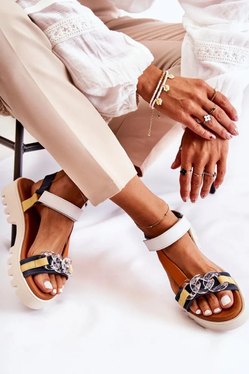 Clearance Skórzane Sandały Na Rzepy L5009-02 Granatowo-Białe Damskie Sandały Płaskie