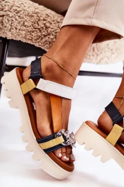 Clearance Skórzane Sandały Na Rzepy L5009-02 Granatowo-Białe Damskie Sandały Płaskie