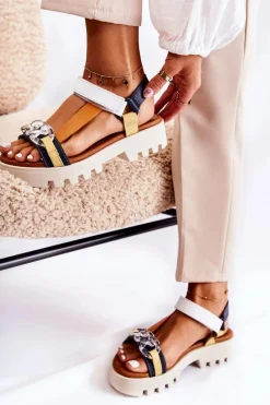 Clearance Skórzane Sandały Na Rzepy L5009-02 Granatowo-Białe Damskie Sandały Płaskie