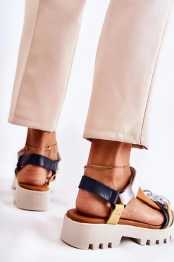 Clearance Skórzane Sandały Na Rzepy L5009-02 Granatowo-Białe Damskie Sandały Płaskie