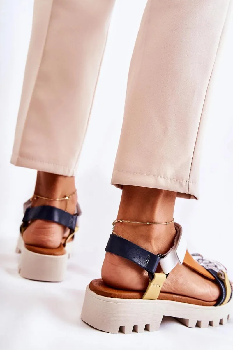 Clearance Skórzane Sandały Na Rzepy L5009-02 Granatowo-Białe Damskie Sandały Płaskie