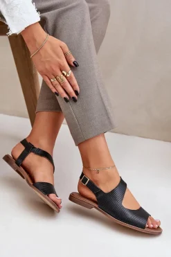 Sandały Płaskie>Boto Skórzane Sandały Na Sprzączkę Z Tłoczeniem Lewski 3041 Czarne Czarny