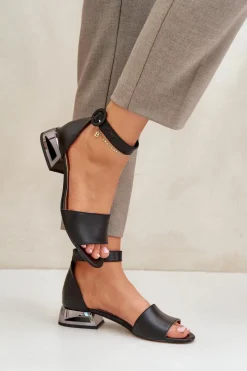 Best Skórzane Sandały Na Srebrnym Obcasie 2143 Czarne Damskie Sandały Na Obcasie|Sandały Płaskie