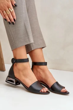 Best Skórzane Sandały Na Srebrnym Obcasie 2143 Czarne Damskie Sandały Na Obcasie|Sandały Płaskie