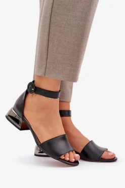Best Skórzane Sandały Na Srebrnym Obcasie 2143 Czarne Damskie Sandały Na Obcasie|Sandały Płaskie