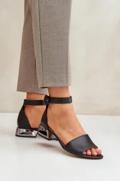 Best Skórzane Sandały Na Srebrnym Obcasie 2143 Czarne Damskie Sandały Na Obcasie|Sandały Płaskie