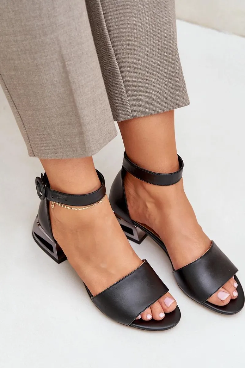 Best Skórzane Sandały Na Srebrnym Obcasie 2143 Czarne Damskie Sandały Na Obcasie|Sandały Płaskie