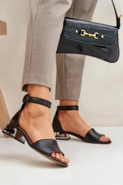 Best Skórzane Sandały Na Srebrnym Obcasie 2143 Czarne Damskie Sandały Na Obcasie|Sandały Płaskie