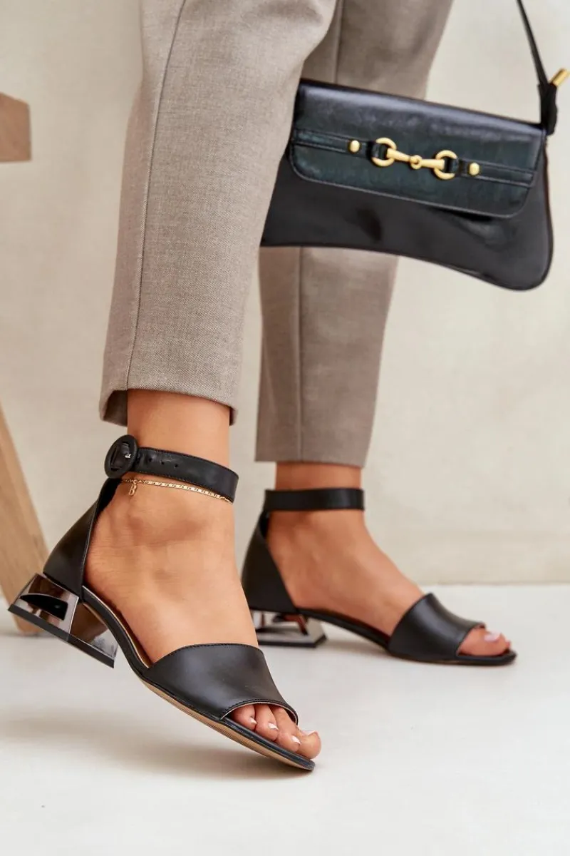 Best Skórzane Sandały Na Srebrnym Obcasie 2143 Czarne Damskie Sandały Na Obcasie|Sandały Płaskie