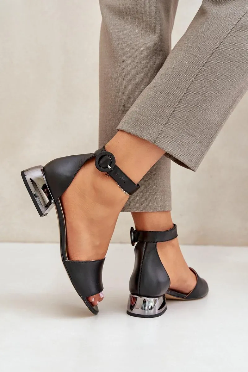 Best Skórzane Sandały Na Srebrnym Obcasie 2143 Czarne Damskie Sandały Na Obcasie|Sandały Płaskie
