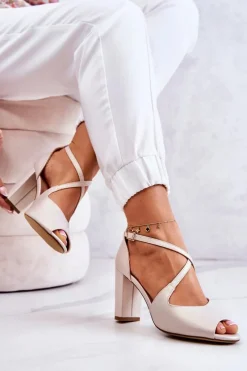 Sale Skórzane Sandały Na Słupku Beżowe Lorita Damskie Sandały Na Obcasie