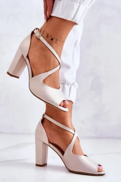 Sale Skórzane Sandały Na Słupku Beżowe Lorita Damskie Sandały Na Obcasie