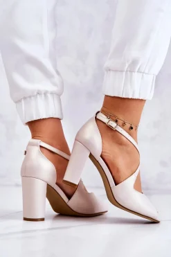 Sale Skórzane Sandały Na Słupku Beżowe Lorita Damskie Sandały Na Obcasie