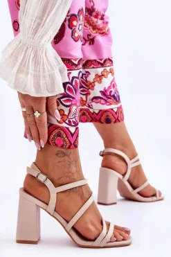 Hot Boto Skórzane Sandały Na Słupku Beżowe Florentina Beżowy