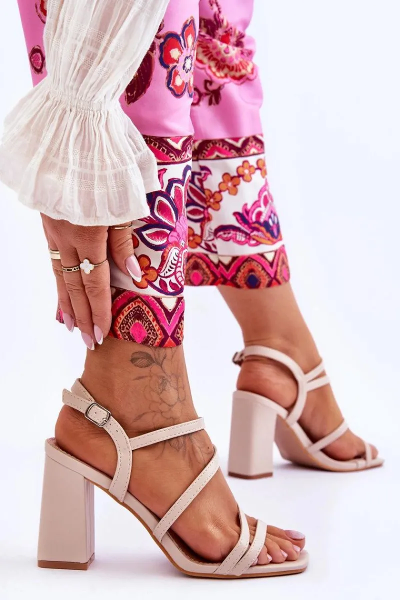 Hot Boto Skórzane Sandały Na Słupku Beżowe Florentina Beżowy