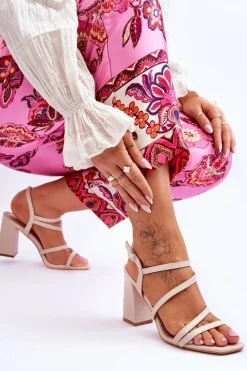 Hot Boto Skórzane Sandały Na Słupku Beżowe Florentina Beżowy