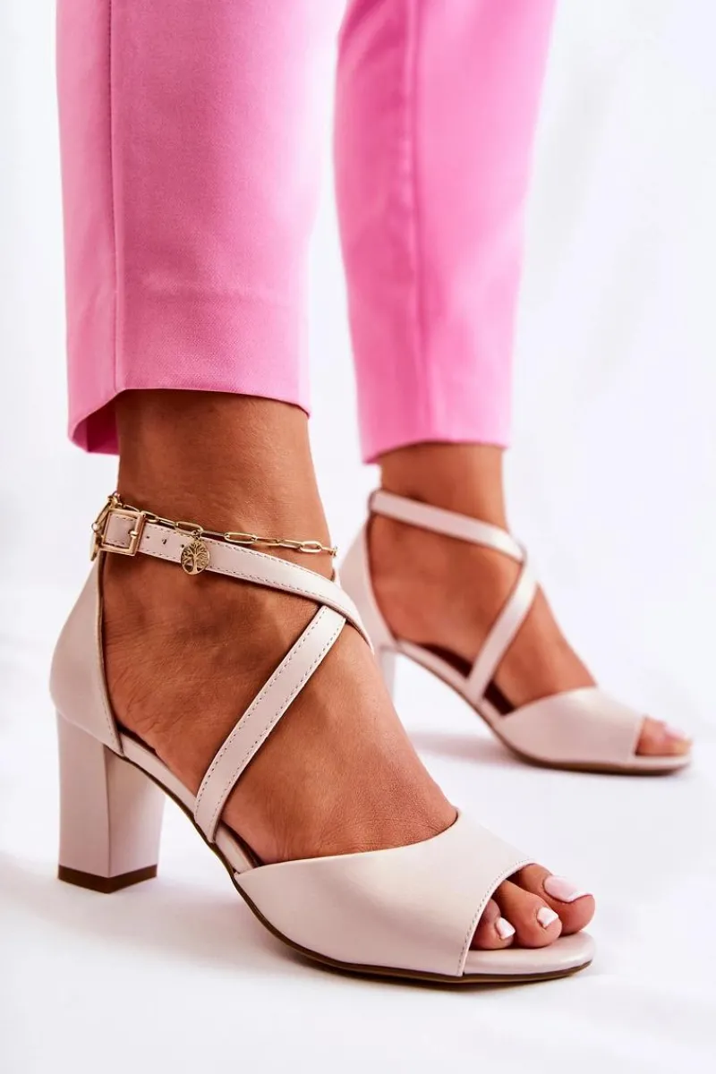 Discount Skórzane Sandały Na Słupku Beżowe Damess Damskie Sandały Na Słupku|Sandały Na Obcasie