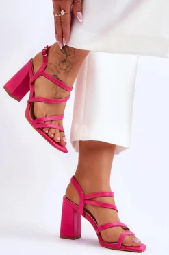 Hot Skórzane Sandały Na Słupku Fuksja Florentina Damskie Sandały Na Obcasie