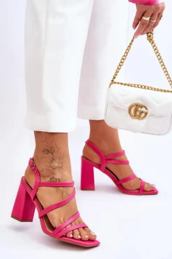 Hot Skórzane Sandały Na Słupku Fuksja Florentina Damskie Sandały Na Obcasie