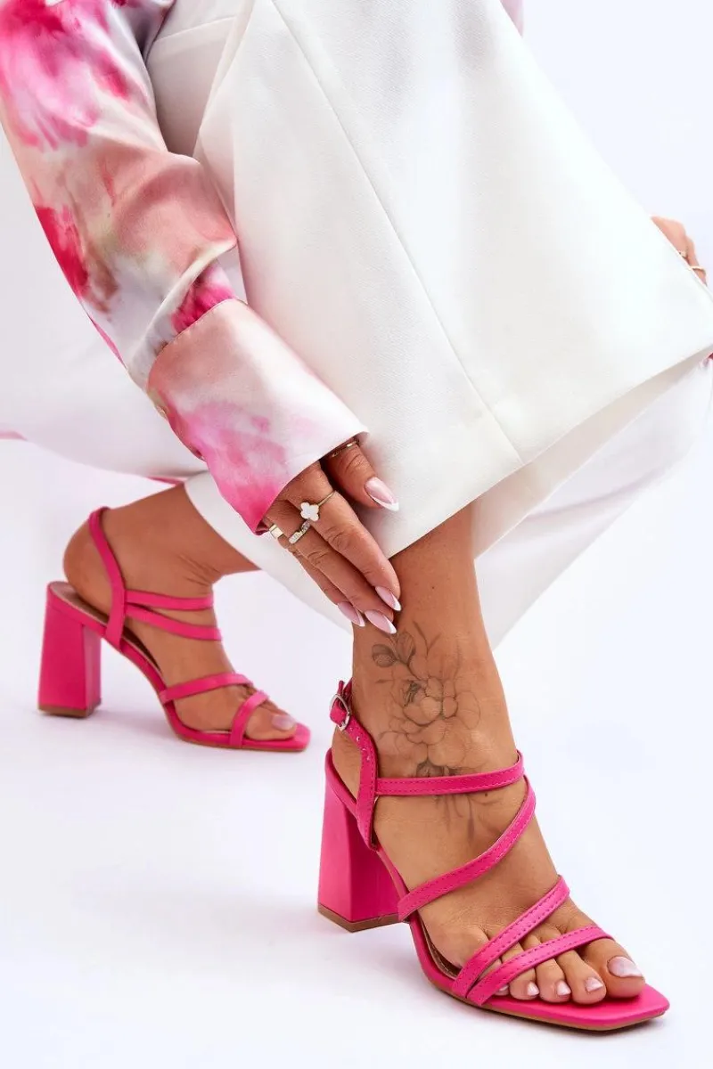 Hot Skórzane Sandały Na Słupku Fuksja Florentina Damskie Sandały Na Obcasie