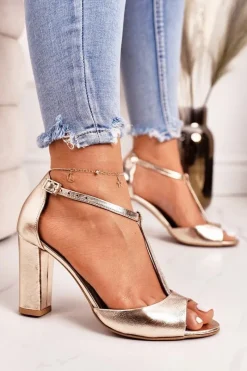 Sandały Na Obcasie|Botki Skórzane>Laura Messi Skórzane Sandały Na Słupku 1916 Złote