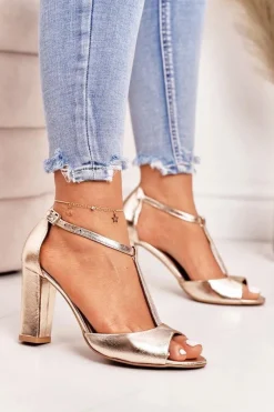 Sandały Na Obcasie|Botki Skórzane></noscript>Laura Messi Skórzane Sandały Na Słupku 1916 Złote