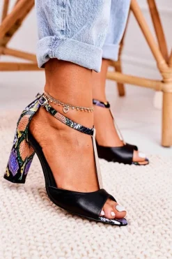 Sandały Na Obcasie|Botki Skórzane>Laura Messi Skórzane Sandały Na Słupku 1916 Wzór Zwierzęcy Czarne