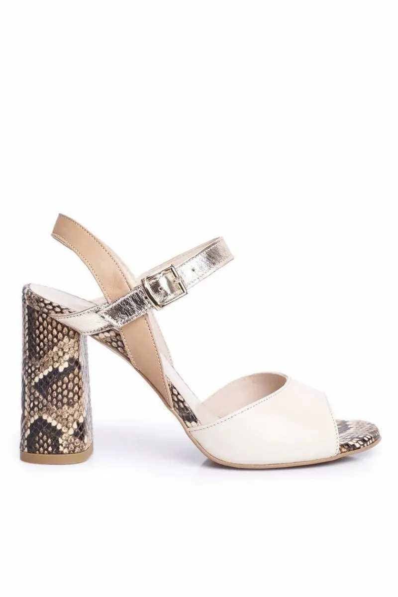 Clearance Laura Messi Skórzane Sandały Na Słupku 2136 Złoto Beżowe