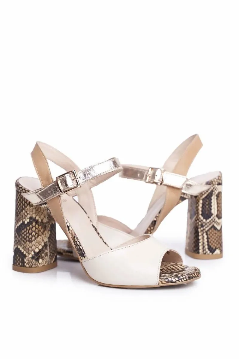 Clearance Laura Messi Skórzane Sandały Na Słupku 2136 Złoto Beżowe