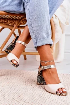 Outlet Skórzane Sandały Na Słupku 2136 Złoto Czarne Damskie Sandały Na Obcasie