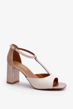 Discount Laura Messi Skórzane Sandały Na Słupku 2759 Beżowe Beżowy