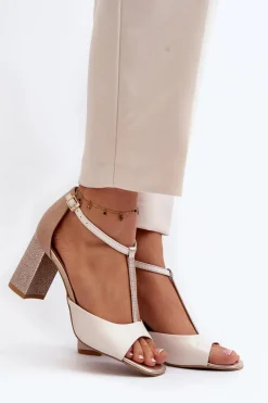 Discount Laura Messi Skórzane Sandały Na Słupku 2759 Beżowe Beżowy