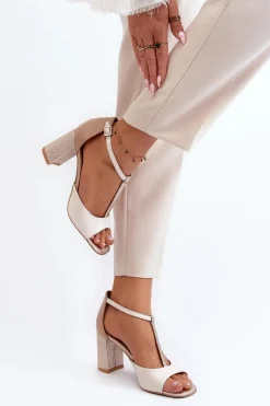 Discount Laura Messi Skórzane Sandały Na Słupku 2759 Beżowe Beżowy