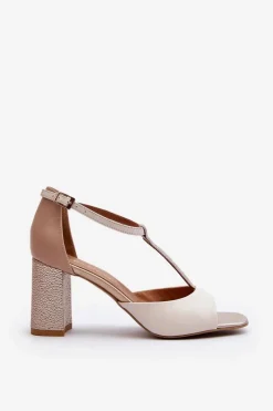Discount Laura Messi Skórzane Sandały Na Słupku 2759 Beżowe Beżowy