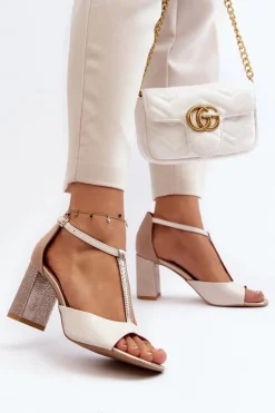 Discount Laura Messi Skórzane Sandały Na Słupku 2759 Beżowe Beżowy