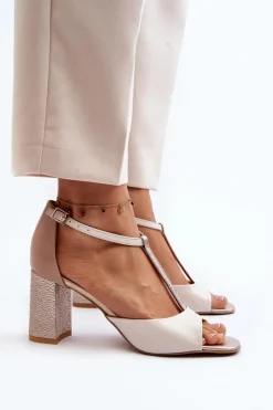 Discount Laura Messi Skórzane Sandały Na Słupku 2759 Beżowe Beżowy
