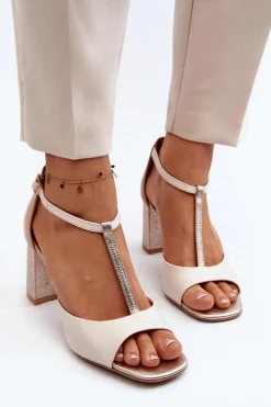 Discount Laura Messi Skórzane Sandały Na Słupku 2759 Beżowe Beżowy