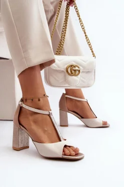 Discount Laura Messi Skórzane Sandały Na Słupku 2759 Beżowe Beżowy