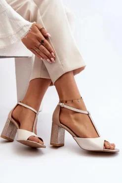 Discount Laura Messi Skórzane Sandały Na Słupku 2759 Beżowe Beżowy